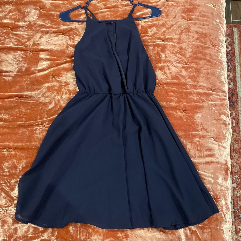 Navy v neck wrap front skater dress